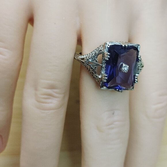 Rainbow Fluorite Filigree Cocktail Ring Size 9.5 Art Deco 925 Sterling Silver - Picture 12 of 16
